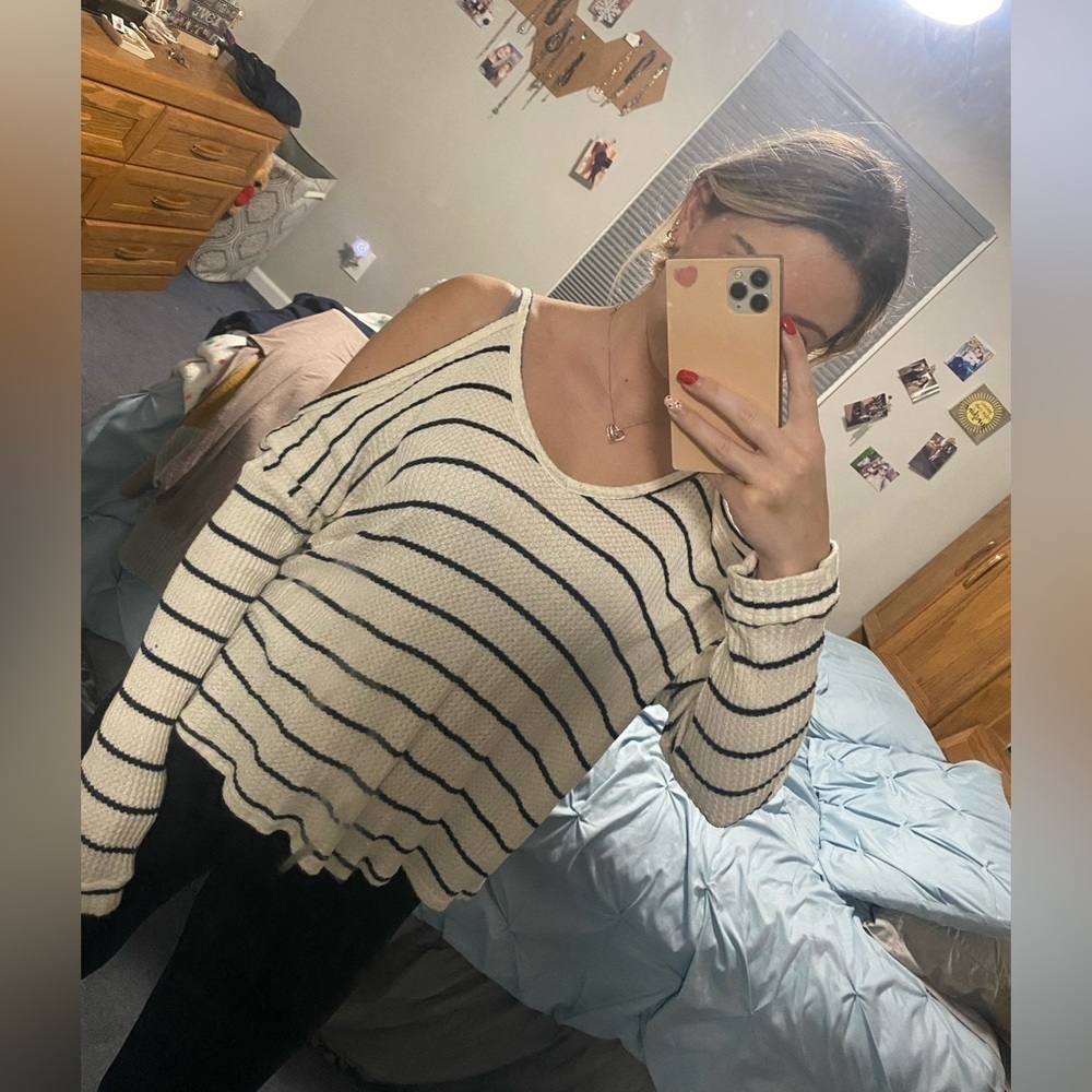 WILD Honey Striped Long Sleeve Top with shoulder cut outs